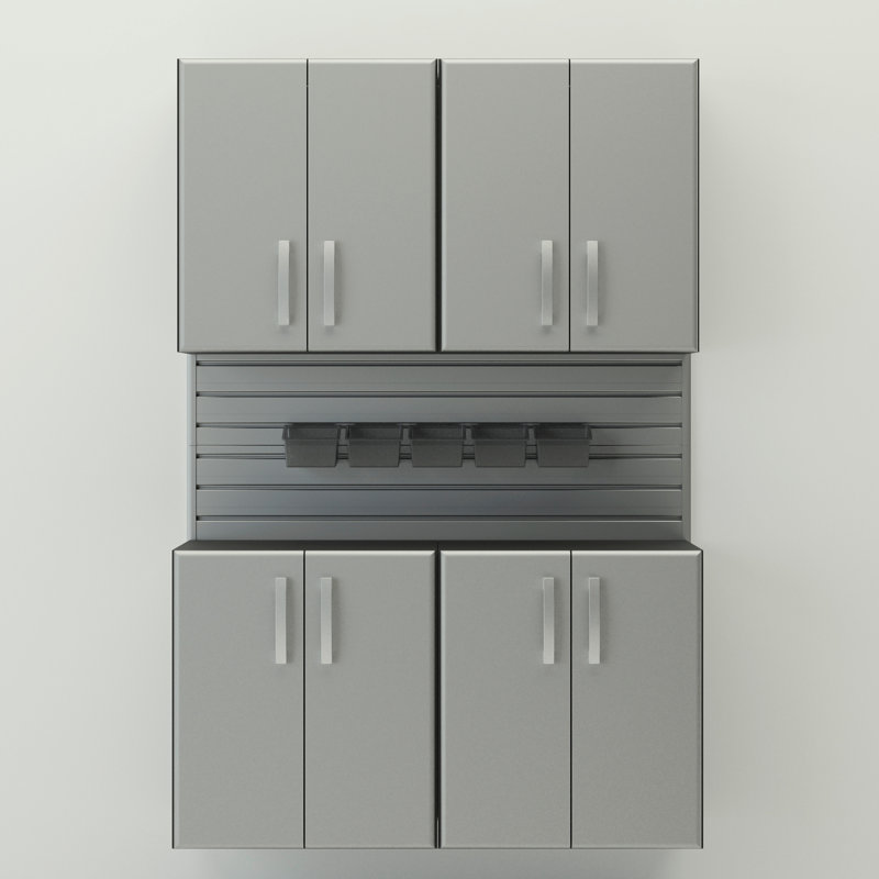 Flow Wall 10 Piece Slatwall Panel, Cabinet, Bin Storage Set, Silver Slatwall/Silver Cabinets