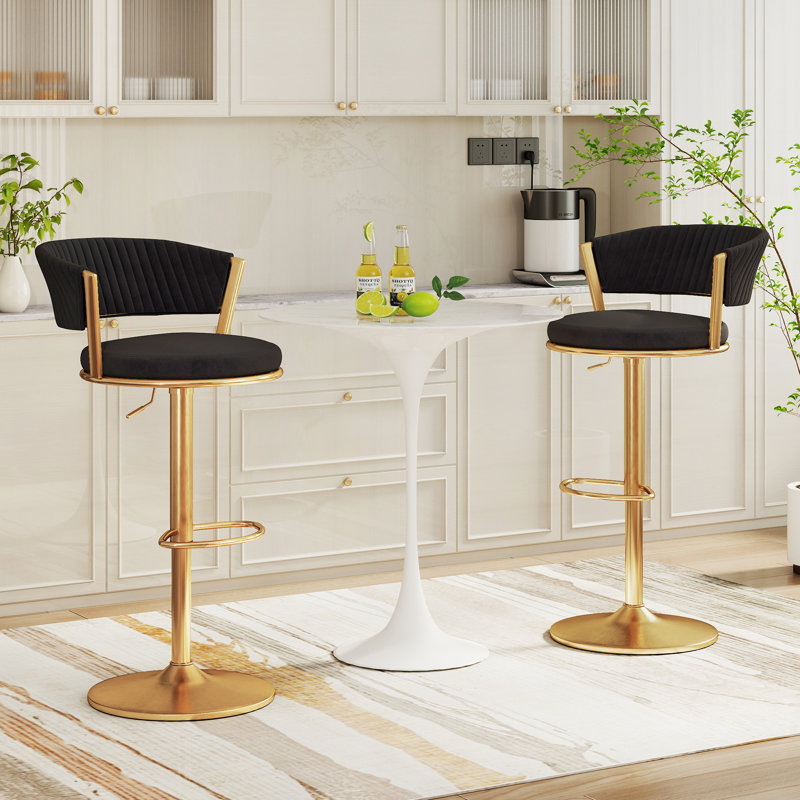 Adjustable 360° Swivel Bar Stools Counter Height Velvet Bar Chairs with Gold Metal Frame & Footrest, Black