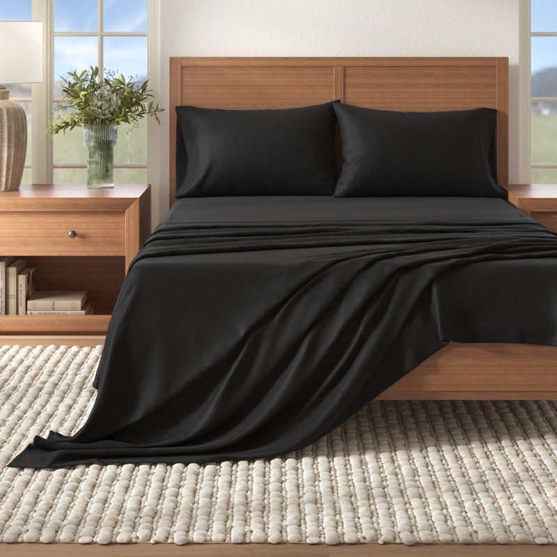 Ensemble de draps 100% flanelle de coton, Noir uni, Grand avec deux taies d'oreiller