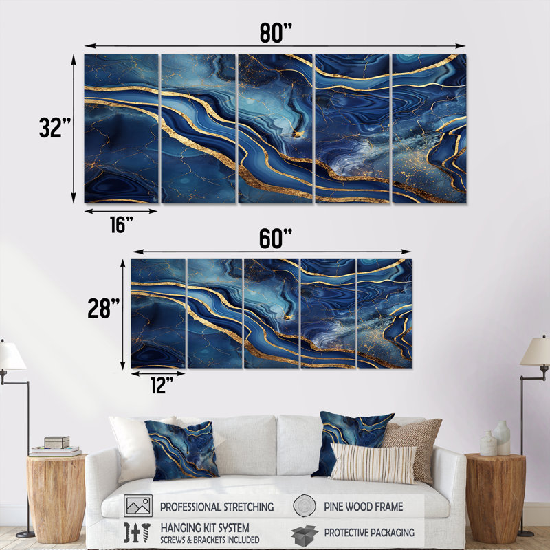 «Blue and Gold Abstract Marble Mirage III», ensemble d'art mural 5 pièces, H 28 po x l 60 po