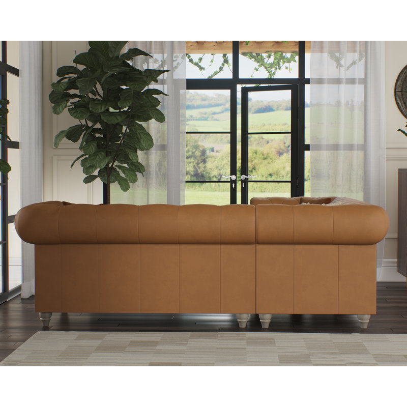 Melrose 3 Seater Leather Corner Sofa , Saddle, Left Hand Facing, Washed Oak