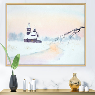 Paysage d'hiver avec rivière et église en bois - Peinture sur toile