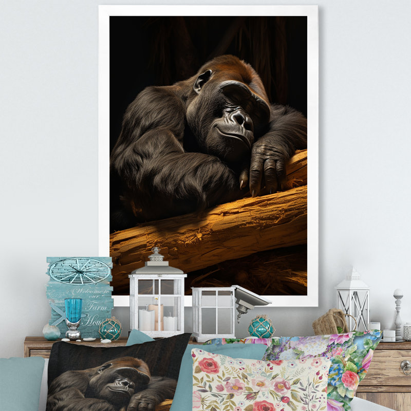 Gorille de la sieste sur toile, Cadre simple blanc, H 40 po x l 30 po x P 1,5 po