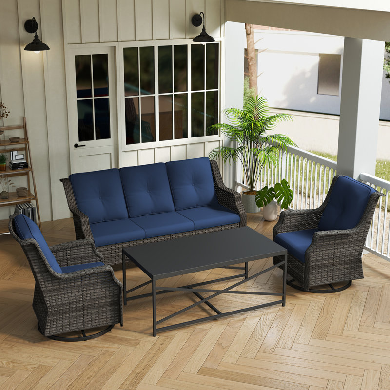 5-Person PE Wicker Outdoor Patio Set with 3-Seat Sofa,Chairs,Coffee Table & Blue Cushion, Blue