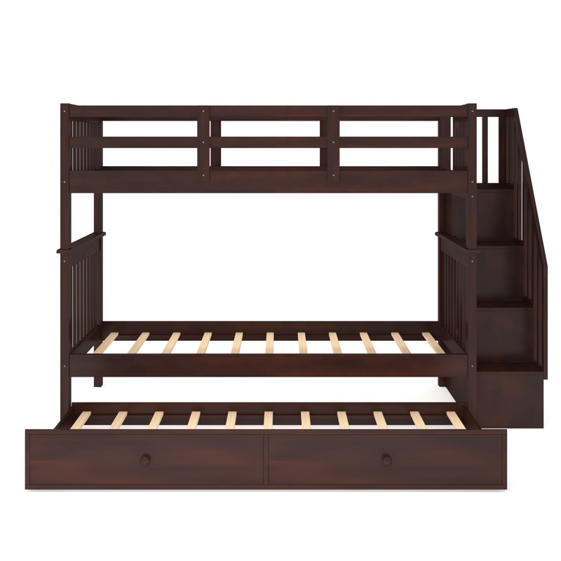 Kids Twin Over Twin Bunk Bed with Trundle with Drawers, Espresso