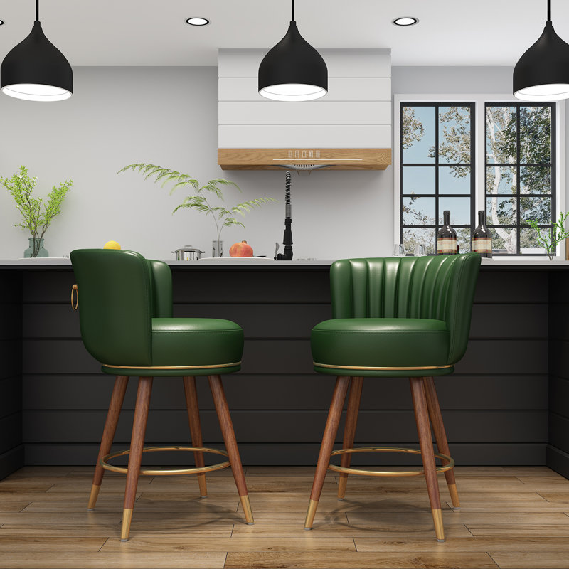 Green Leather Swivel Low Back Bar Stools with Wood Legs, Set of 4
