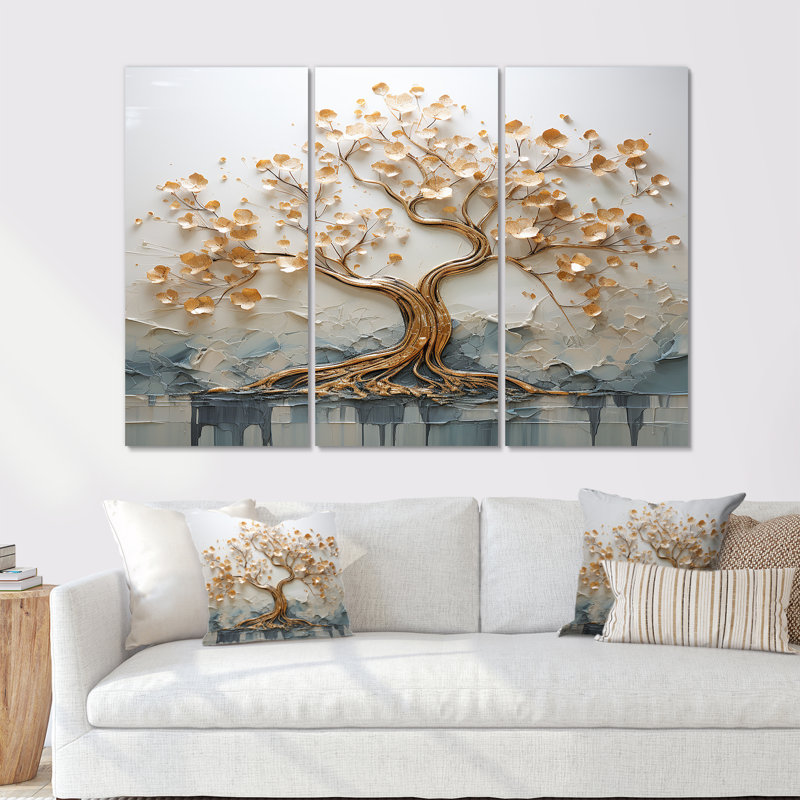 Arbre doré dans un lac au début du printemps I - ensemble d'art mural arbre, Toile tendue, H 28 po x l 36 po x P 1 po