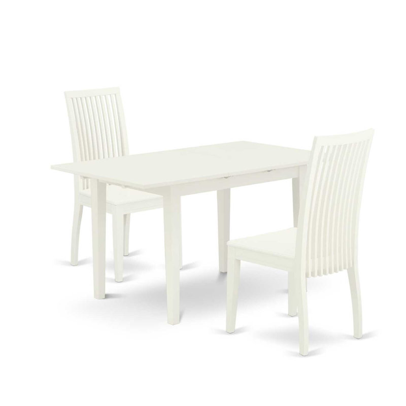 Ensemble de coin repas 3 pièces pour petits espaces comprenant une table de salle à manger rectangulaire avec rallonge papillon et 2 chaises de cuisine, lin blanc