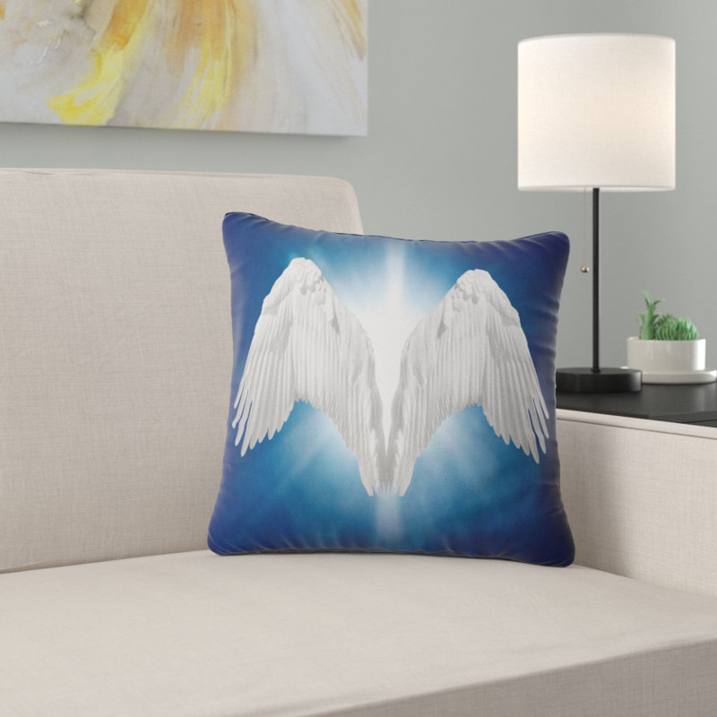 Ailes d'ange sur fond bleu - coussin imprimé abstrait, 16 po x 16 po, Coussin décoratif