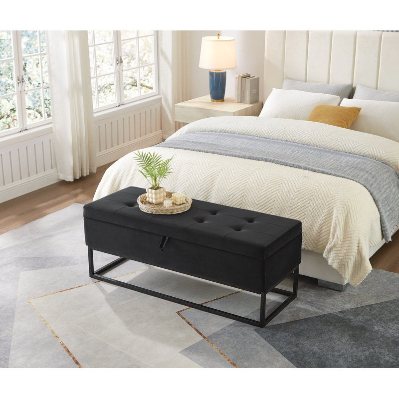 Jiayi 46.1'' Velvet Upholstered Storage Bench, Black, Black