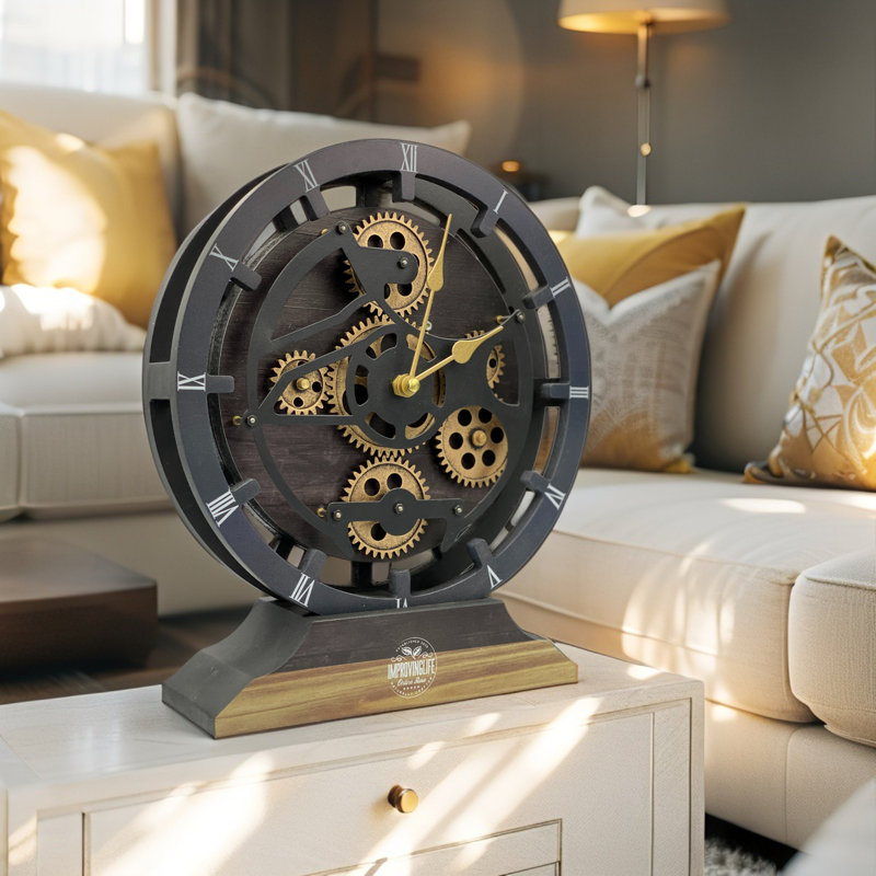 Horloge de bureau ronde en bois de 10 pouces avec de vrais engrenages (transformable en horloge murale - base détachable) Collection Canada