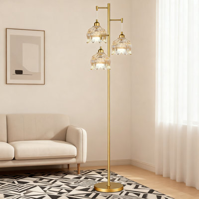 Vintage Floor Lamp With 3 Lotus Glass Shades, Mid Century Modern Standing Lamp For Living Room Bedroom Corner, Gold Cream Finish With Included LED Bulbs