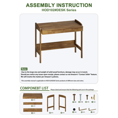 Bureau en bois massif avec tiroirs - Bureau d'ordinateur à hauteur réglable manuellement avec trou pour câbles