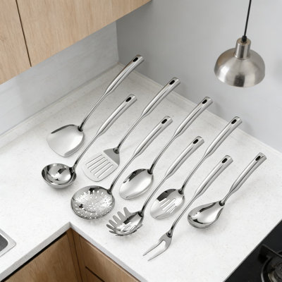 9-Piece Stainless Steel Cooking Utensil Set With Extended Handles & Hanging Holes