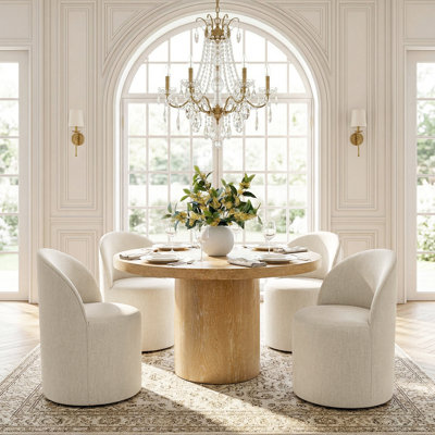 4 - Person Dining Table Sets With Solid Wood Round Table & 4 Upholstered Linen Swivel Chairs