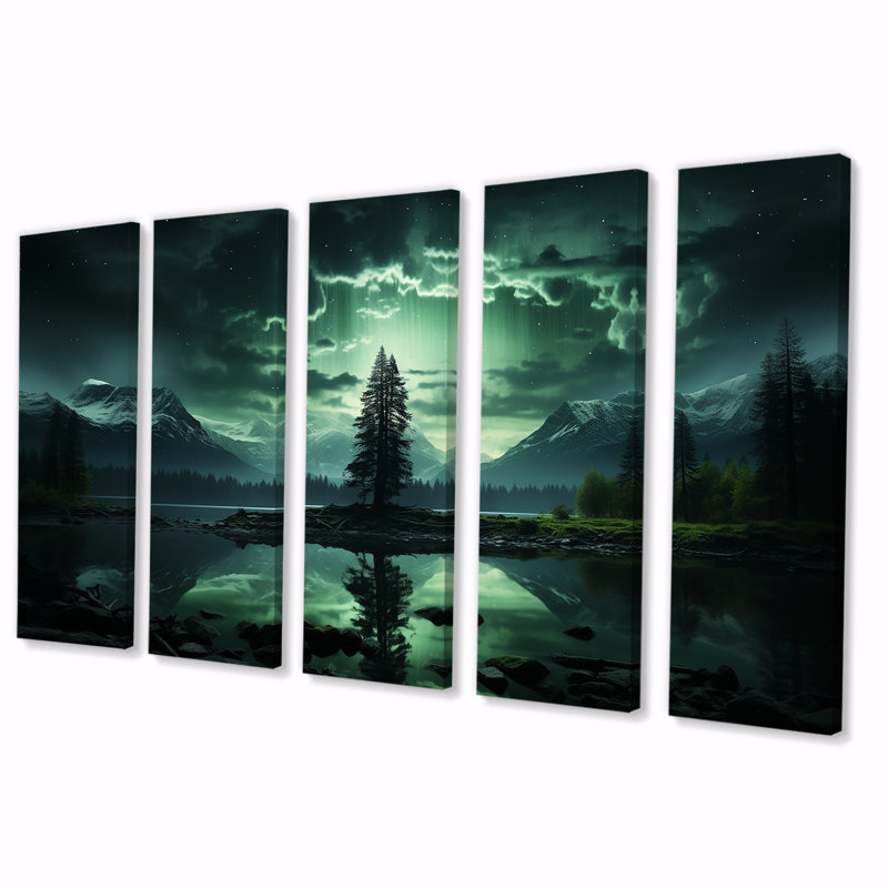 Emerald Tree In Northern Lights II - Art mural 5 pièces, H 28 po x l 60 po