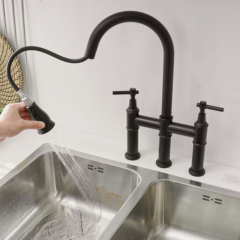 Robinet de cuisine Bridge avec douchette extractible encastrée, Noir