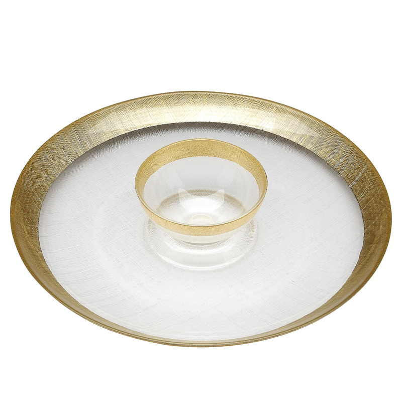 Plateau en verre trempé à la main avec mini-bol, Transparent / Doré