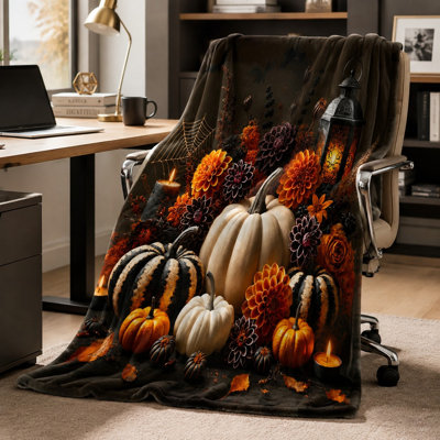 Joli motif citrouille d'Halloween douillette, couverture artistique artistique à motif floral et toile d'araignée pour canapé, canapé, chambre à coucher, décor de salon, décoration saisonnière festive