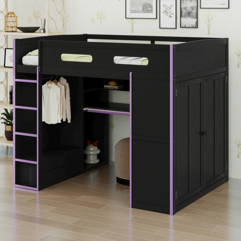 Lit mezzanine moderne en bois avec bureau spacieux, armoire, rangement et éclairage RVB