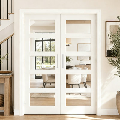 5 Lite Clear Glass Interior Double Doors - White MDF French Door Slabs with Paintable Finish(Handle, Hinges, Latch & Lock Set Included)