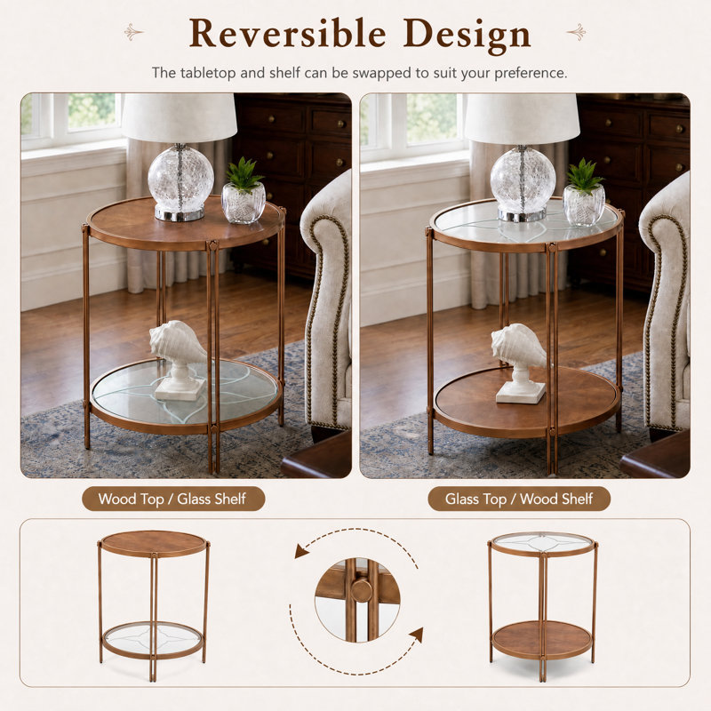 Round Two-Tiered Wooden End Table, Golden