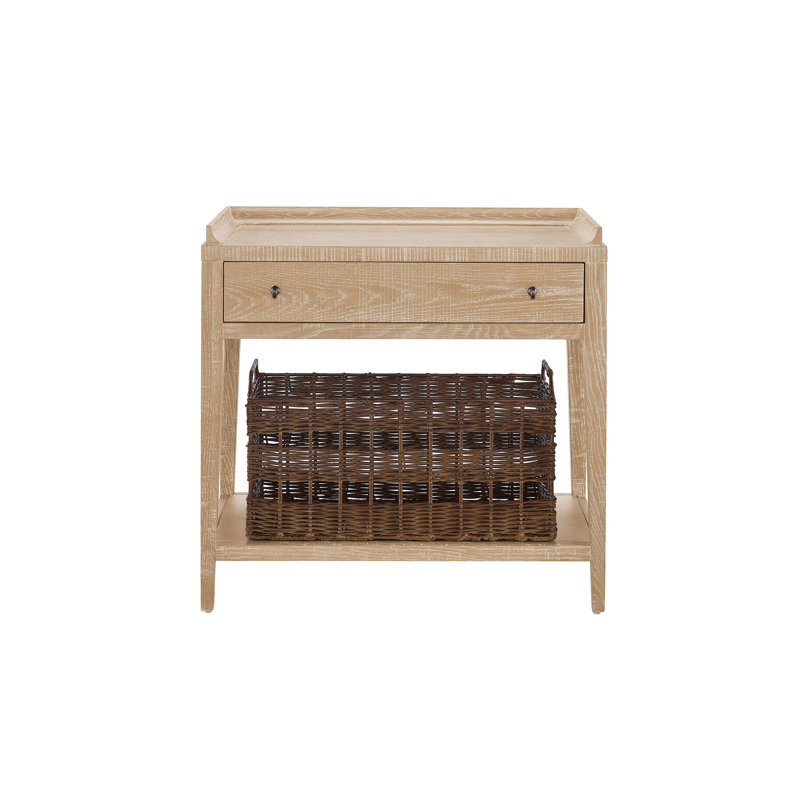 1 - Drawer Nightstand with Wicker Basket, Rustic Natural Oak