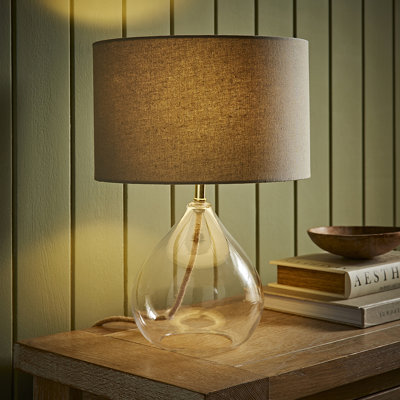 Eloise Natural Linen Drum Shade Clear Glass Teardrop Table Lamp