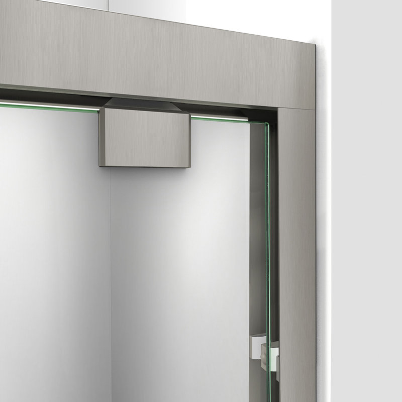 Encore 48" W x 32" D x 78.75" H Semi-Frameless Rectangle Shower Enclosure with Base Included, Brushed Nickel/Biscuit, Center