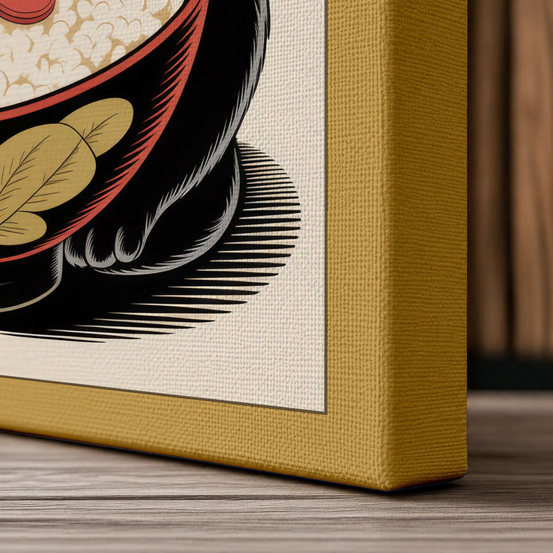 Beckoning Noodle Cat Japandi - Wrapped Canvas, 36x24 - 91.4 x 61.0 cm, Ochre Border