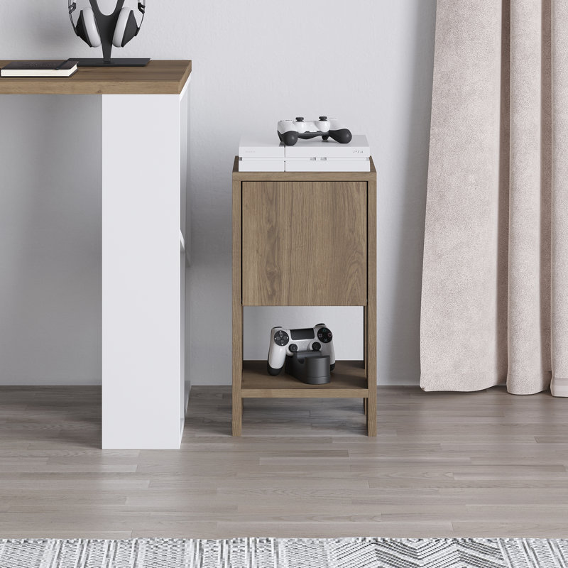 Atharv Bedside Table with Drop-Door Storage and Open Shelf for Versatile Living, Dark Oak