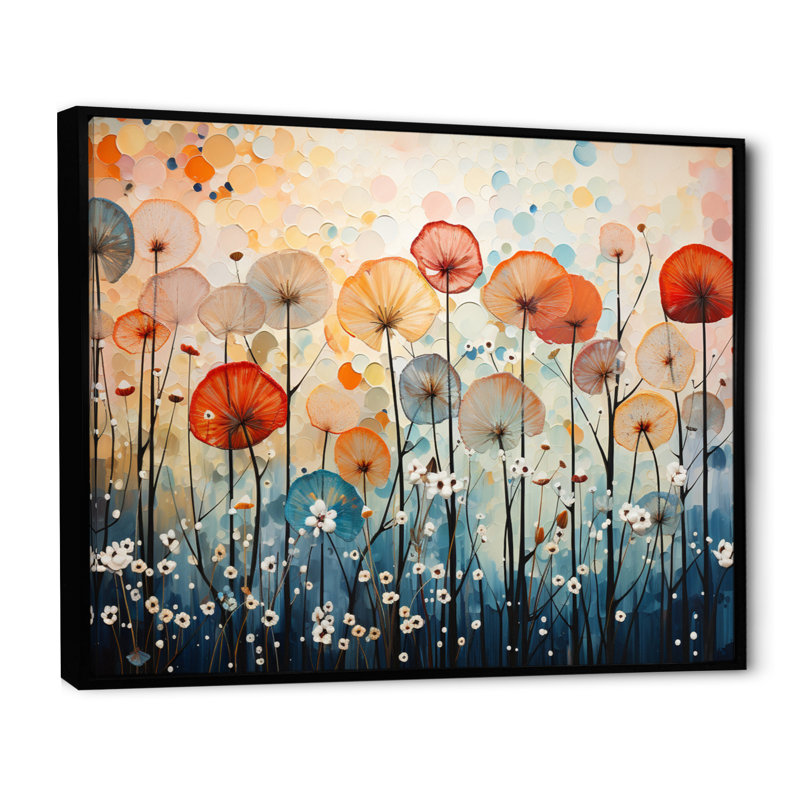 Coral Dandelion Floral Symphony II - Floral Wall Art Living Room, H 24 po x l 32 po x P 1 po, Cadre flottant noir