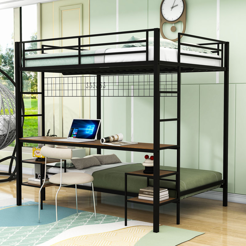 Lit superposé avec bureau, station de charge et tablettes de rangement, Chêne noir cannelle