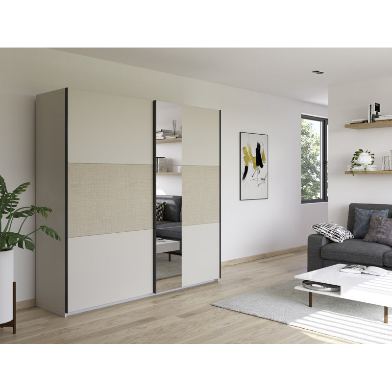 Wardrobe, sliding door wardrobe SENJA with a rattan look and a mirror, MADE IN GERMANY, 210cm H x 218cm W x 59cm D