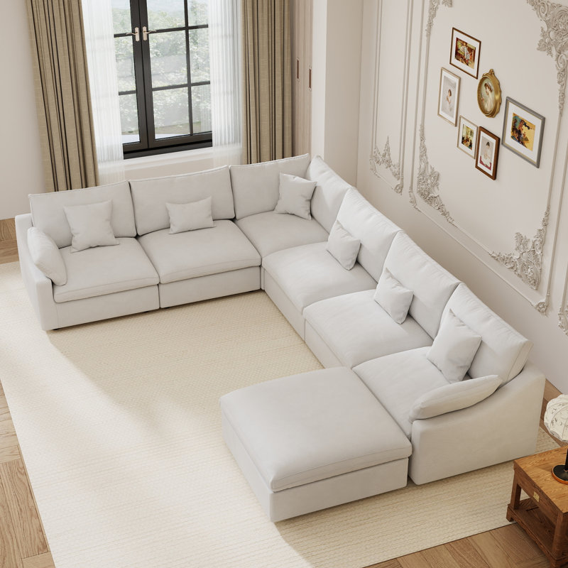 U-shaped Modular Sectional Plush Sofa With Movable Ottoman, Beige Linen/Chenille