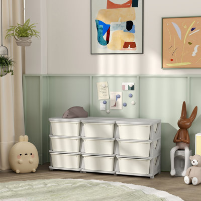 Qaba 3-Tier Kids Storage Unit with 9 Drawer Chest Toy Organizer Plastic Bins