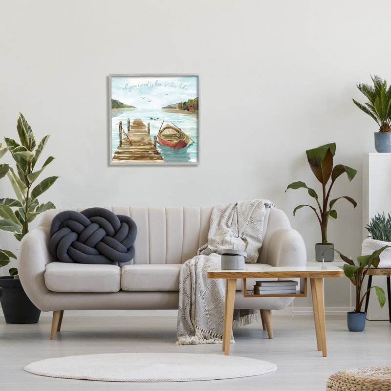 «Love And The Lake Sentiment Boat Dock Landscape Gray Farmhouse», estampe numérique encadrée, art texturé par Dina June