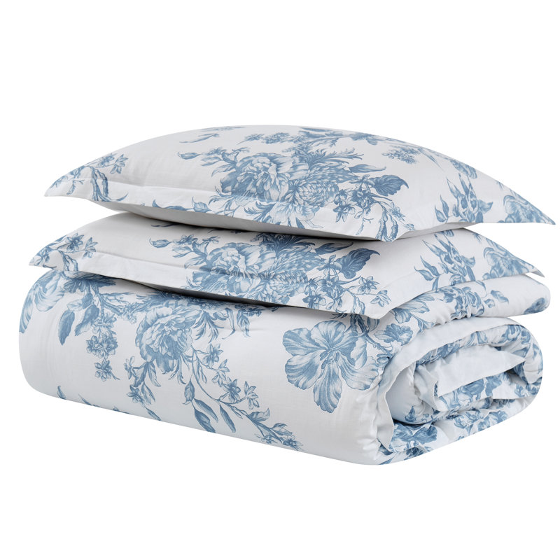 Floral Toile Comforter Set, King Comforter + 2 King Shams, Blue Floral
