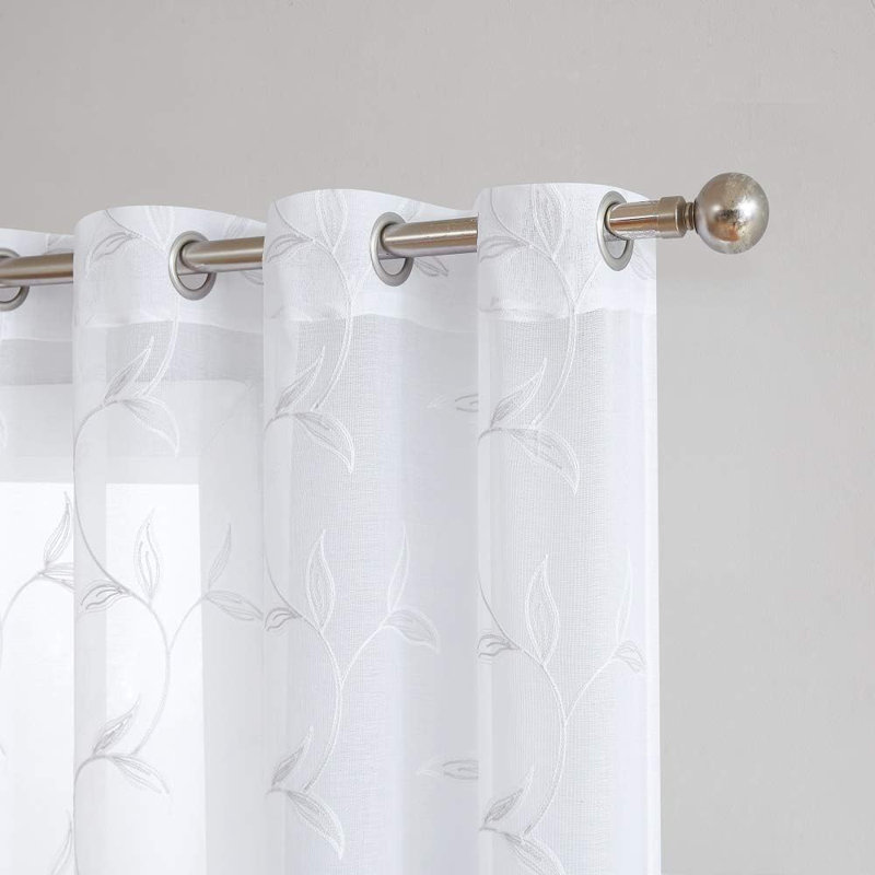 Floral Sheer Grommet Curtain Panels with Stitched Leaf Embroidery, Silver, 	54" W x 96" L