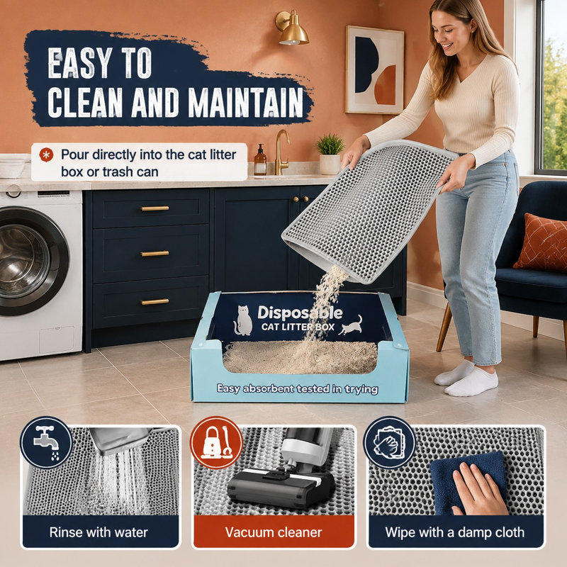 Gray 24 x 15 in double-layer litter mat made with a honeycomb EVA trapping surface; the mat is waterproof, has a urine-proof non-slip base, stays soft on paws, and cleans easily by shaking or rinsing.