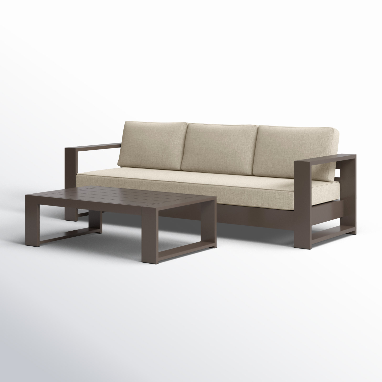 Hoyt Outdoor Aluminum Conversation Set with End Table, 2 Pcs: Coffee Table, 1 Sofa, Khaki, Bronze