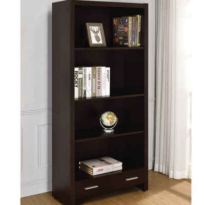 Bibliothèque à 4 tablettes avec finition cappuccino et tiroir inférieur, tablettes réglables pour un rangement flexible, dossier fermé, mobilier de bureau en finition, deux tablettes, panneau, glissières Euro lisses, salle d'étude