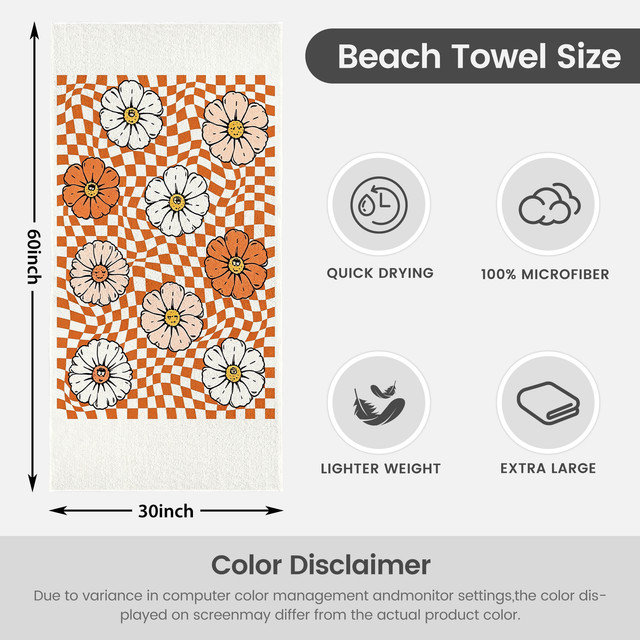 Serviette de plage légère en microfibre, absorbante et sans décoloration, 30 po x 60 po, damier rétro