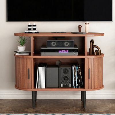 Large Round Record Player Stand with Charging Station & USB Ports, Record Storage Cabinet Turntable Stand for Bedroom Living Room
