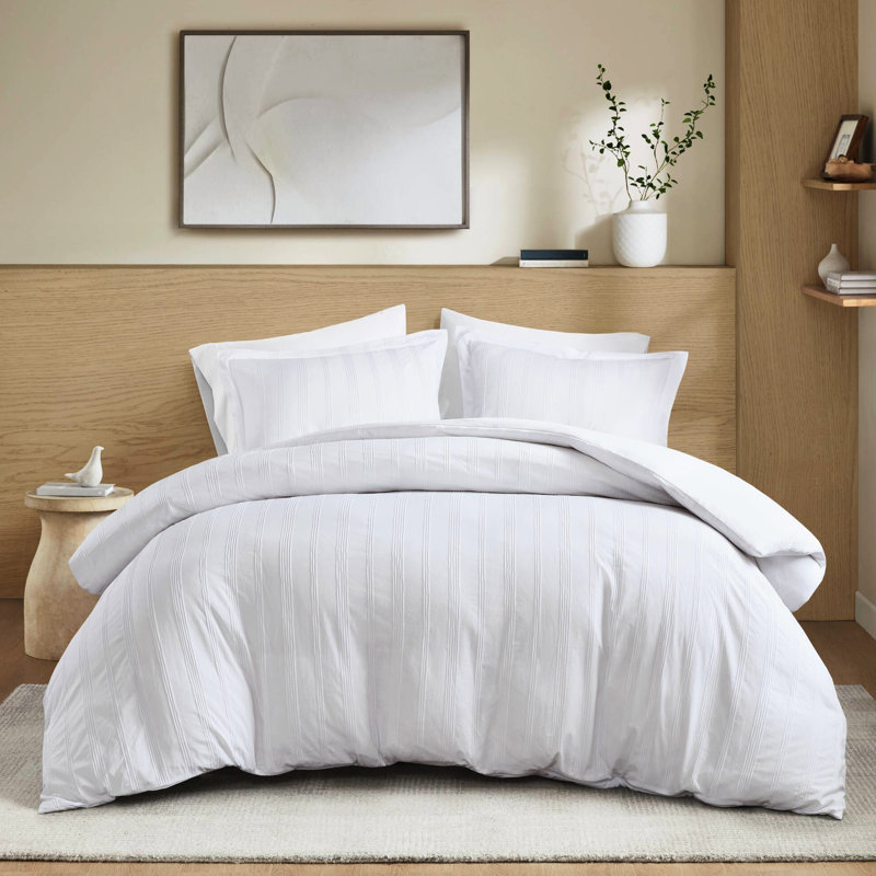Grand - housse de couette tissée 3 pièces avec rayures épurées, envers en microfibre et attaches d'angle intérieures à rayures respirantes naturelles
