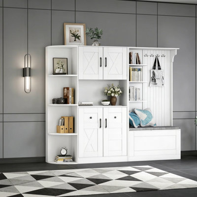 Multifunctional Left-Right Combination Hall Cabinet (Can Be Used Separately) With Storage And 4 Hooks, Storage Cabinet/ Hall Tree 2 In 1 For Living Room, Kitchen And Hallway, White