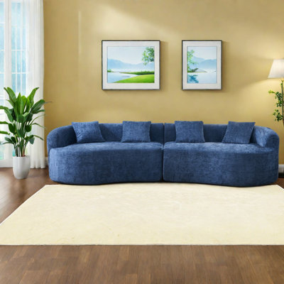 Modern Curved Sofas, Blue Chenille Modular Deep Seat Couch for Living Room