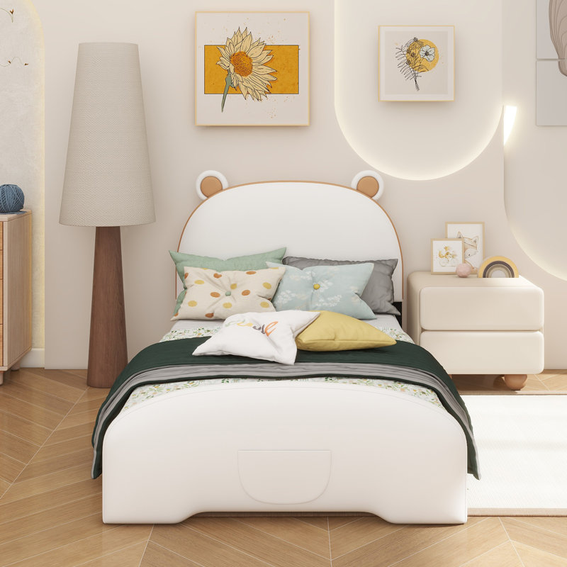 Lit plateforme simple tapissier avec tête et pied de lit en forme d'ours, blanc et brun, Blanc