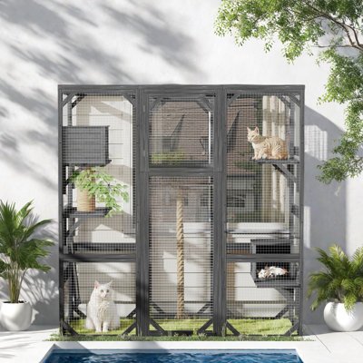 Outdoor Cat House With Double Enter Doors, Three Jumping Platforms, Two Condos, A Rope Climbing Post, Sturdy Scratching Post, Faux Tree Leaves And Wir