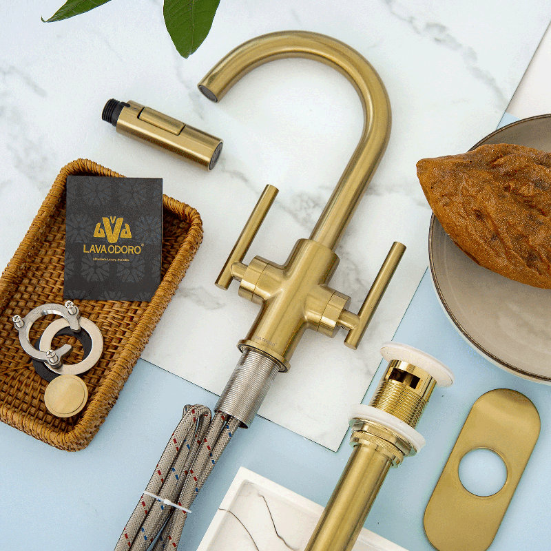 2-handle Bathroom Faucet with Drain Assembly, Brushed Gold
